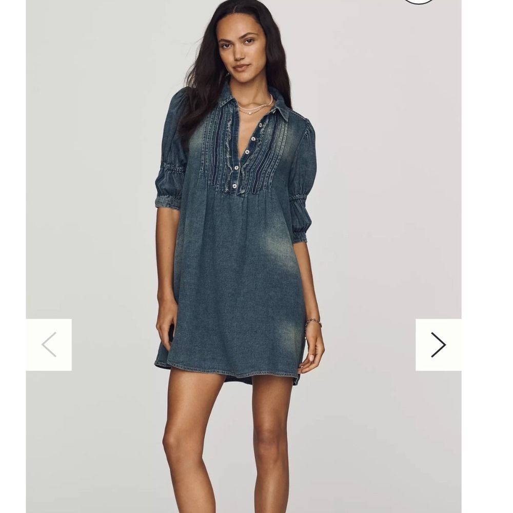 Anthropologie Pilcro Tallulah 100% Cotton Denim Mini Dress Pintuck Puff Sleeve L